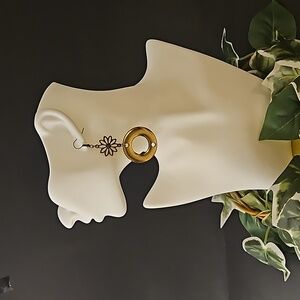 Circle Gold Tone Earrings with Brass Flower